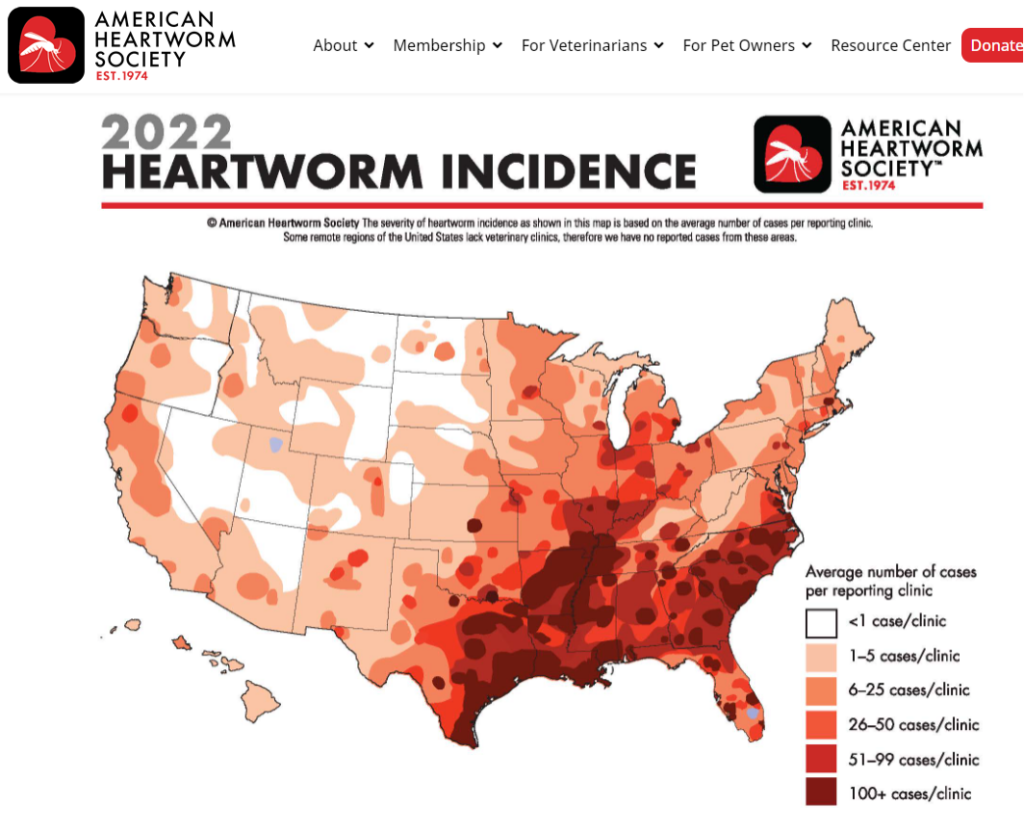 A map of the united states, showing incidence of heartworm disease